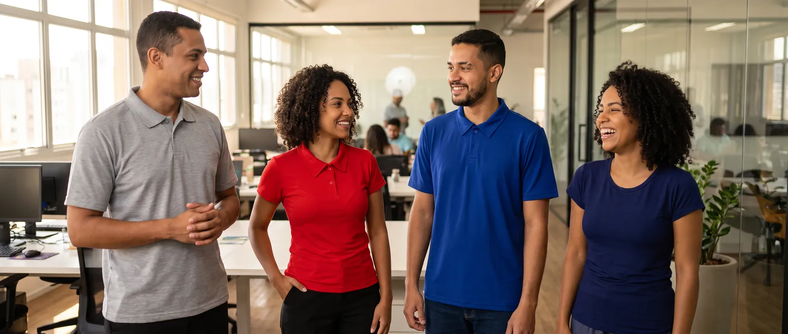 Equipe de empresa com camisas polo cinza, vermelha e azul e baby look