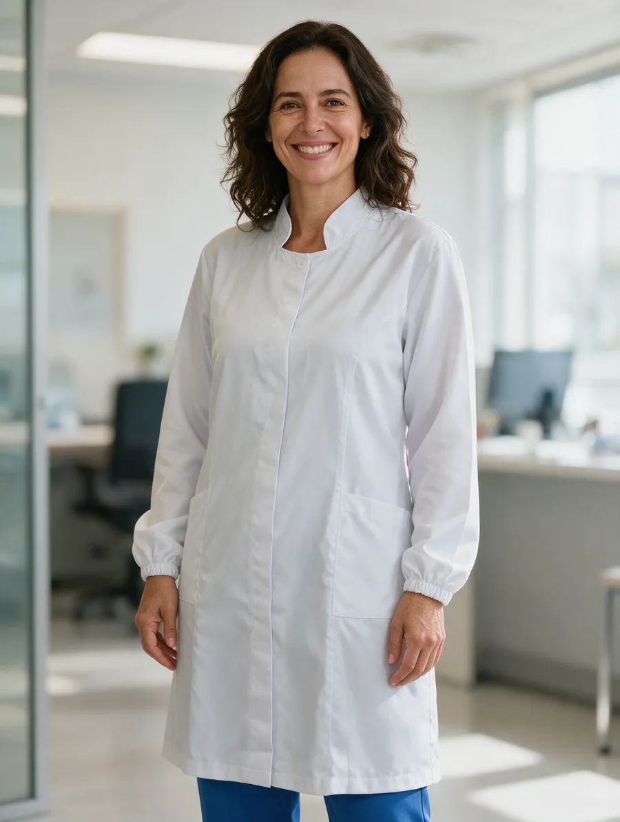 Médica com jaleco branco gola padre